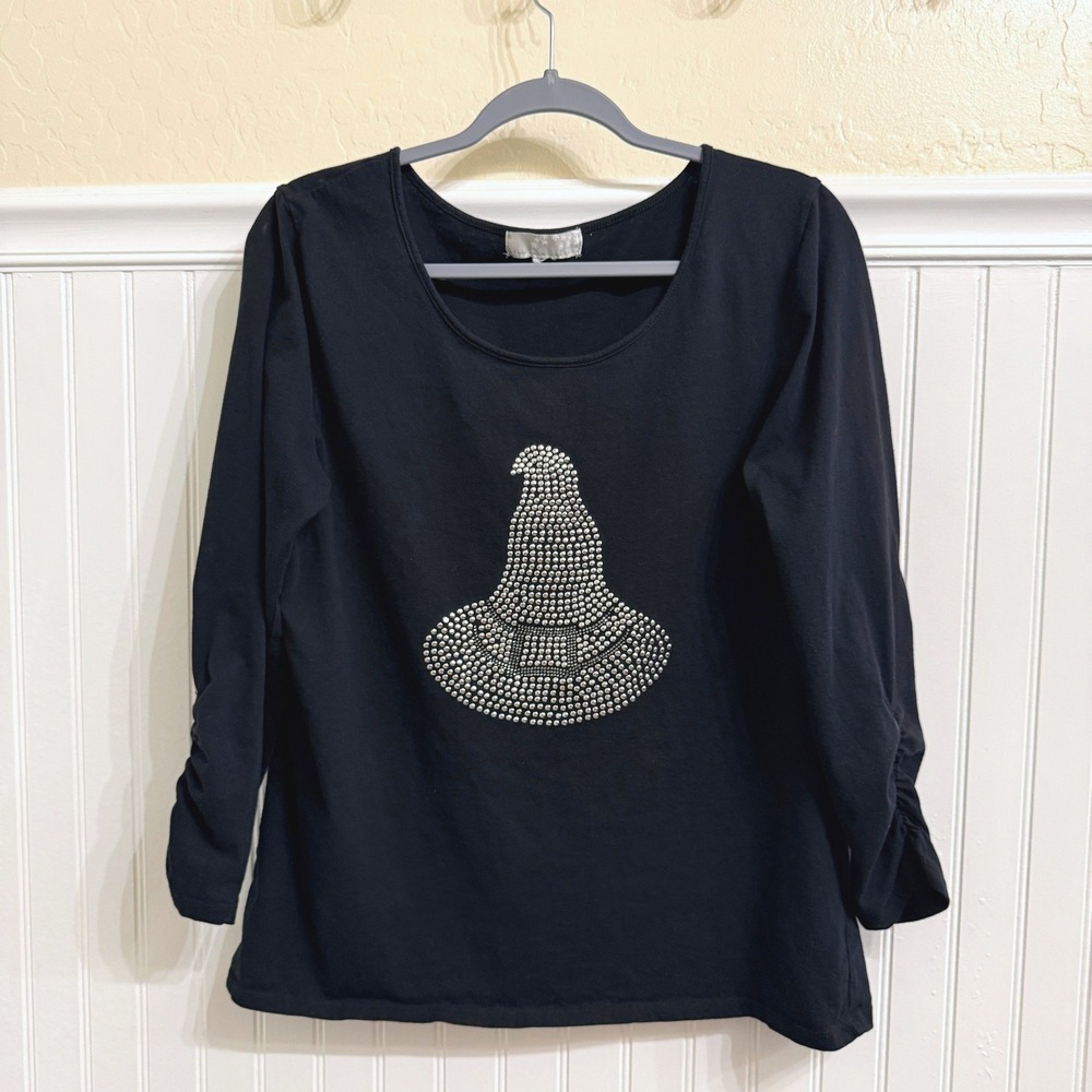Carolyn Taylor Women Halloween Studded Witch Hat Long Sleeve Shirt, Black, M
